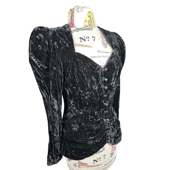 Vintage Size 12 Velvet Top Witchy Whimsygoth Black Long Sleeve Button Sweetheart - Picture 3 of 13